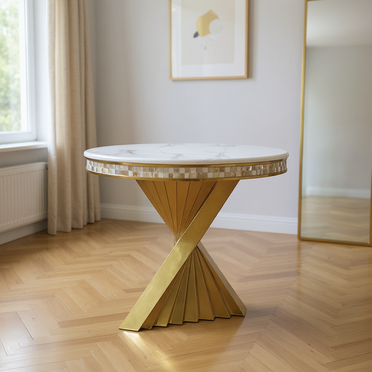 Round Marble & Stainless Steel Dining Table for 2-4 People.