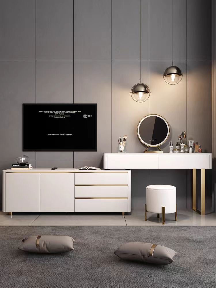 مجموعة مكياج كاملة: طاولة زينة 100 سم + عربة 100 سم + كرسي + مرآة - سطح رخامي وخزانة مطلية