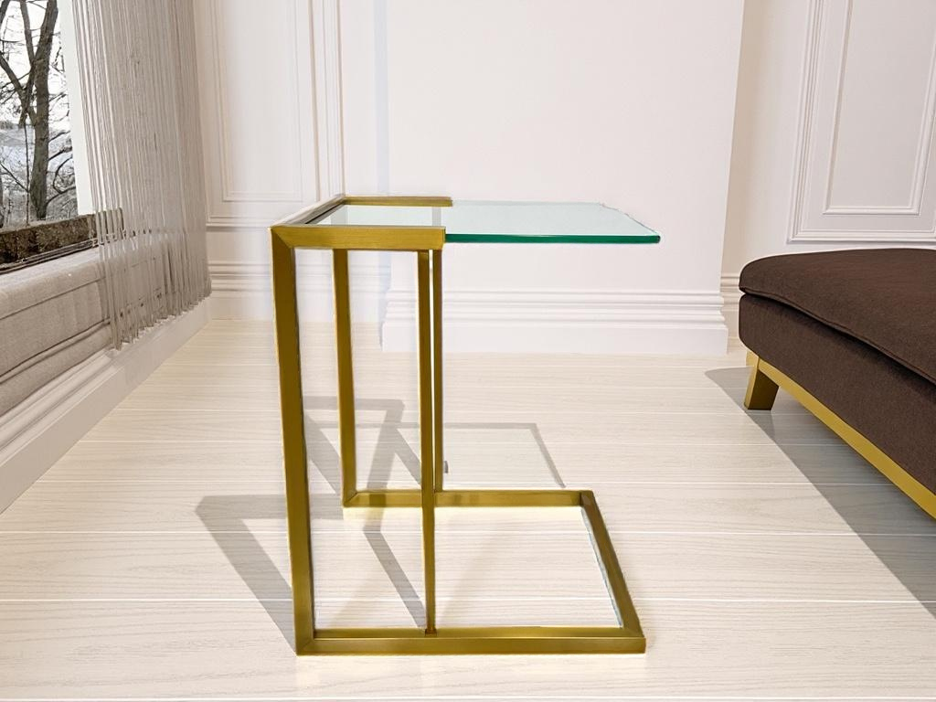 Minimalist Side Table with Glass Top and Stainless Steel Base - Fits Snugly Under Sofa.