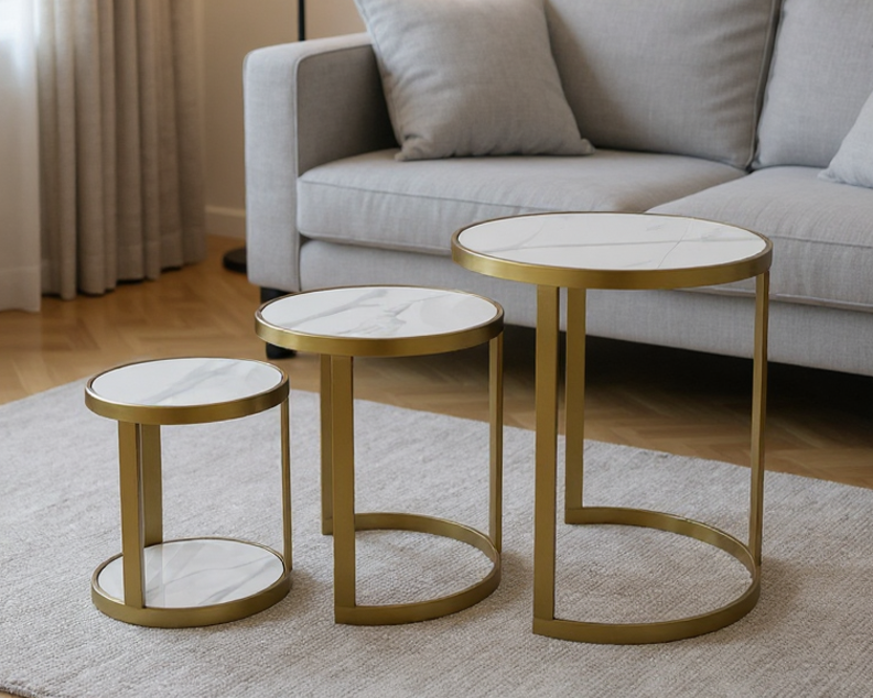 3-Tier Gold Brushed Stainless Steel Side Table Set with Snow White Slate | Space-Saving Bedroom Decor