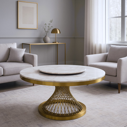 Luxurious 150cm Round Table - Marble, 90cm Turntable, Matte Gold Stainless Steel Base