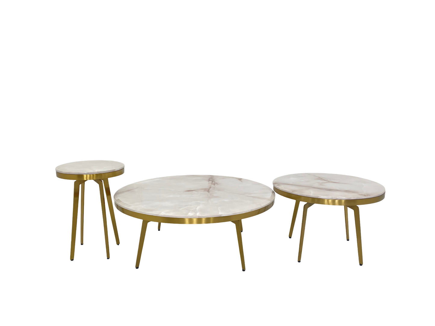 طقم طاولة قهوة - Dia900D350H، DiaD600D400H، Dia350D*450H من الفولاذ المقاوم للصدأ باللون الذهبي غير اللامع مع رخام مقاس 18 مم