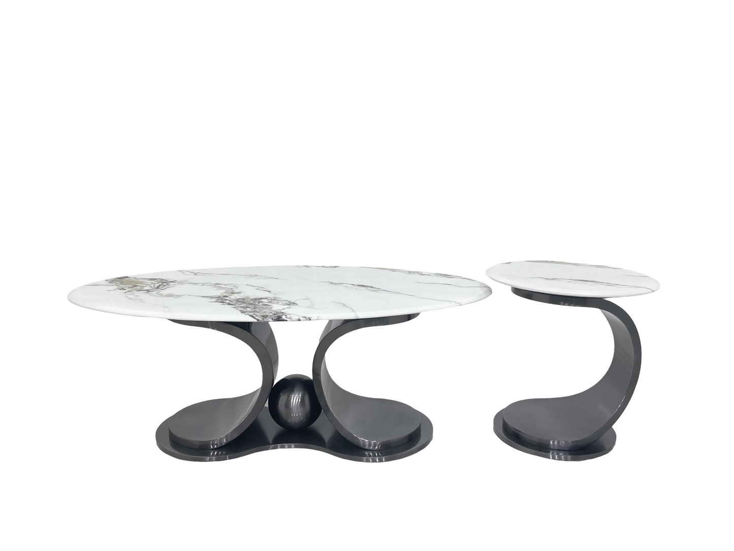 طاولات قهوة - قطر 500 × 550 × ارتفاع و 1300 عرض × 700 عمق × 450 ارتفاع مع فولاذ مقاوم للصدأ أسود لامع ورخام 18 مم