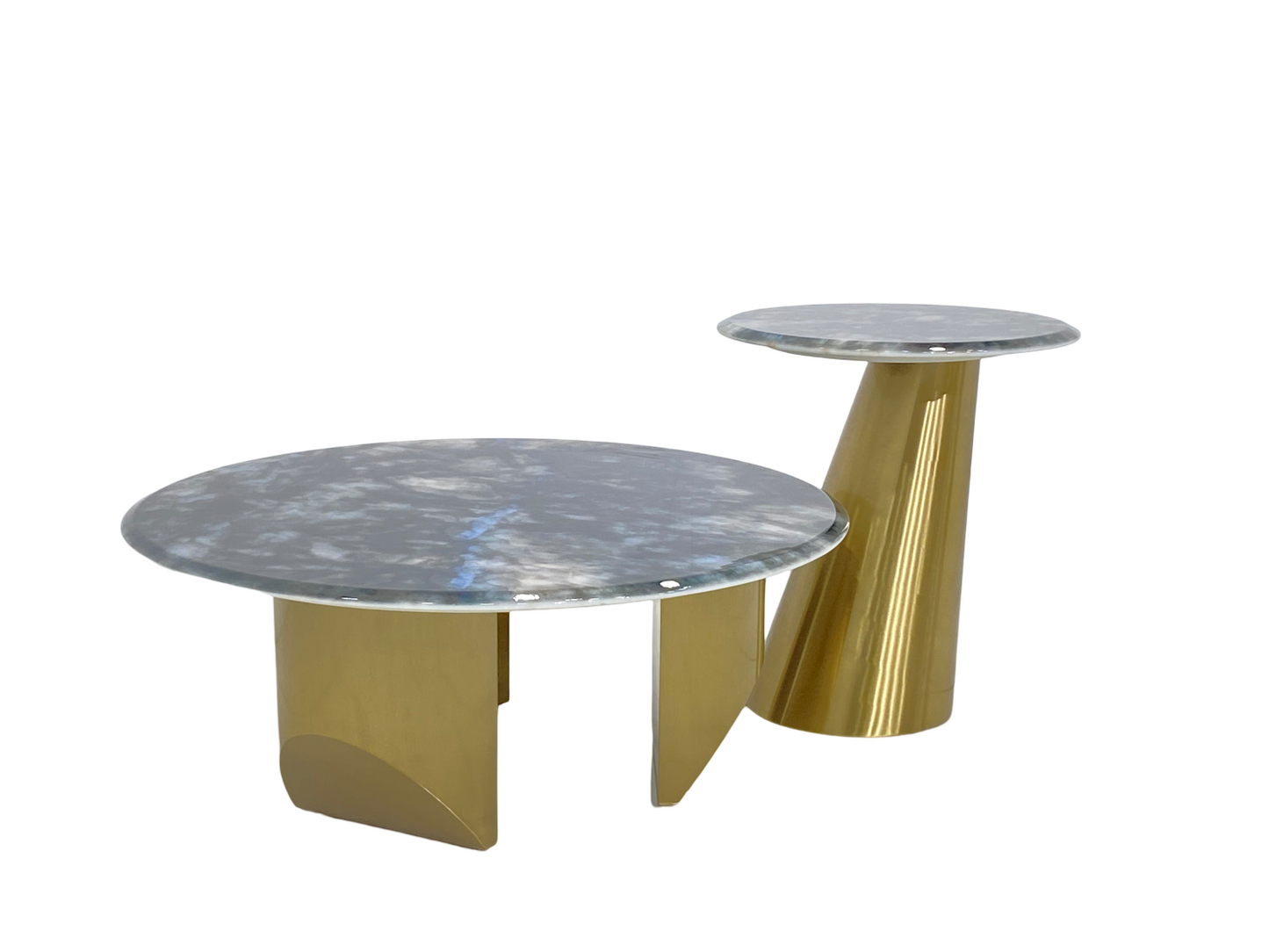 طقم طاولة قهوة دائرية - إطار من الفولاذ المقاوم للصدأ باللون الذهبي غير اللامع مع سطح رخامي فاخر