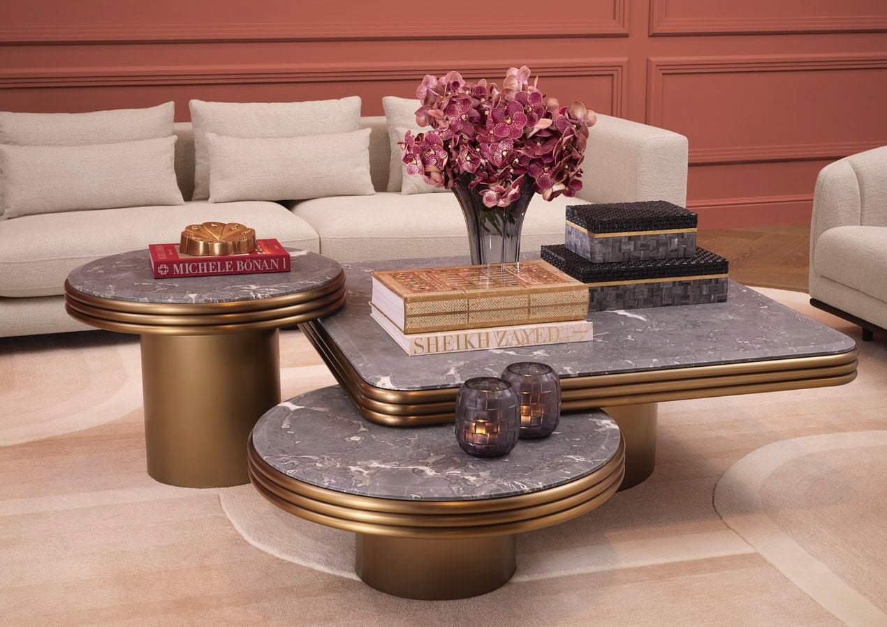 Elegant French-Style Brass Matt Color Coffee Table Set (3 Pieces)