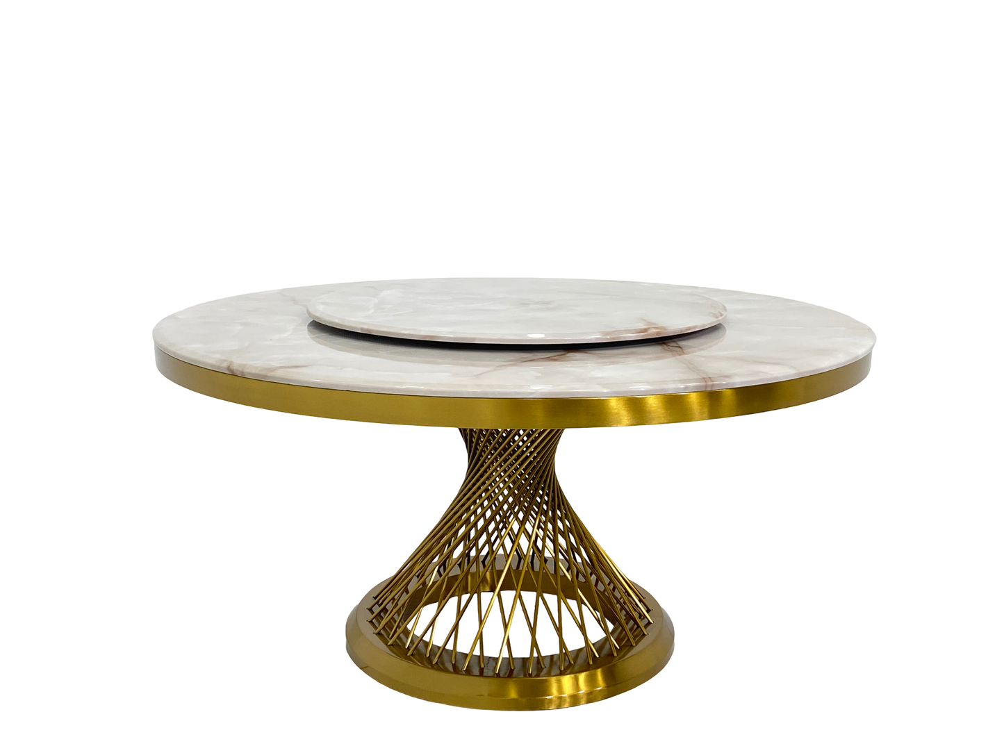 طاولة مستديرة فاخرة 150 سم - رخام، طاولة دوارة 90 سم، قاعدة من الفولاذ المقاوم للصدأ باللون الذهبي غير اللامع