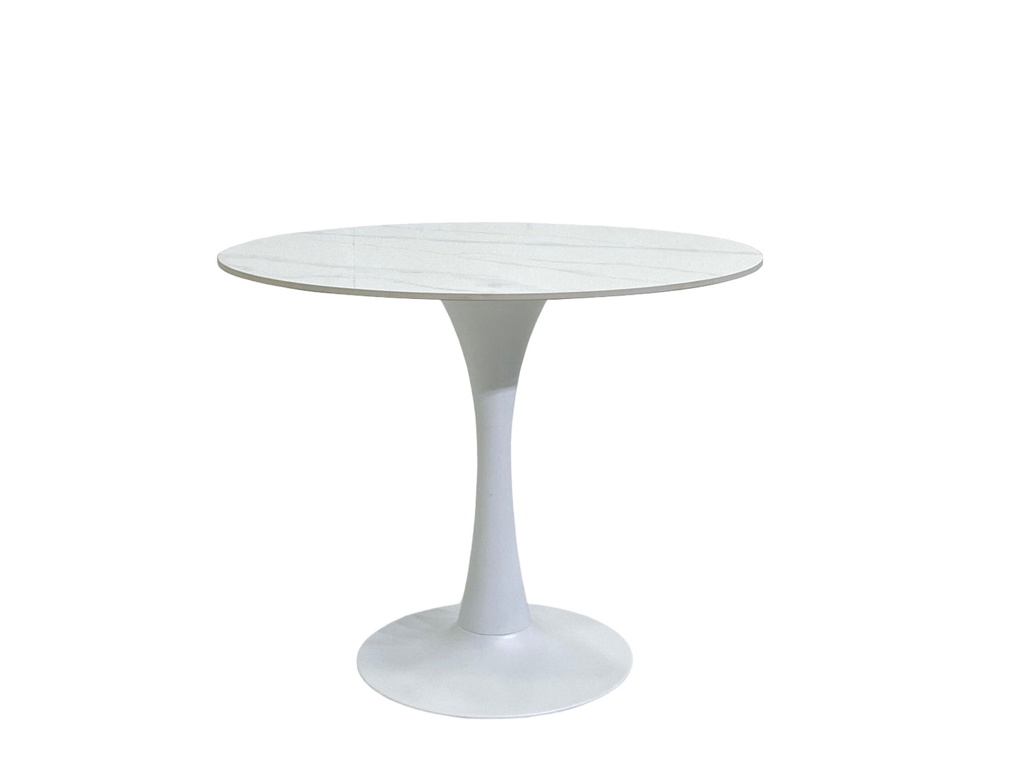 طاولة بار مذهلة بقطر 900 × 750 سم مصنوعة من الحديد المطلي بالرش باللون الأبيض مع لوح من الرخام الأبيض