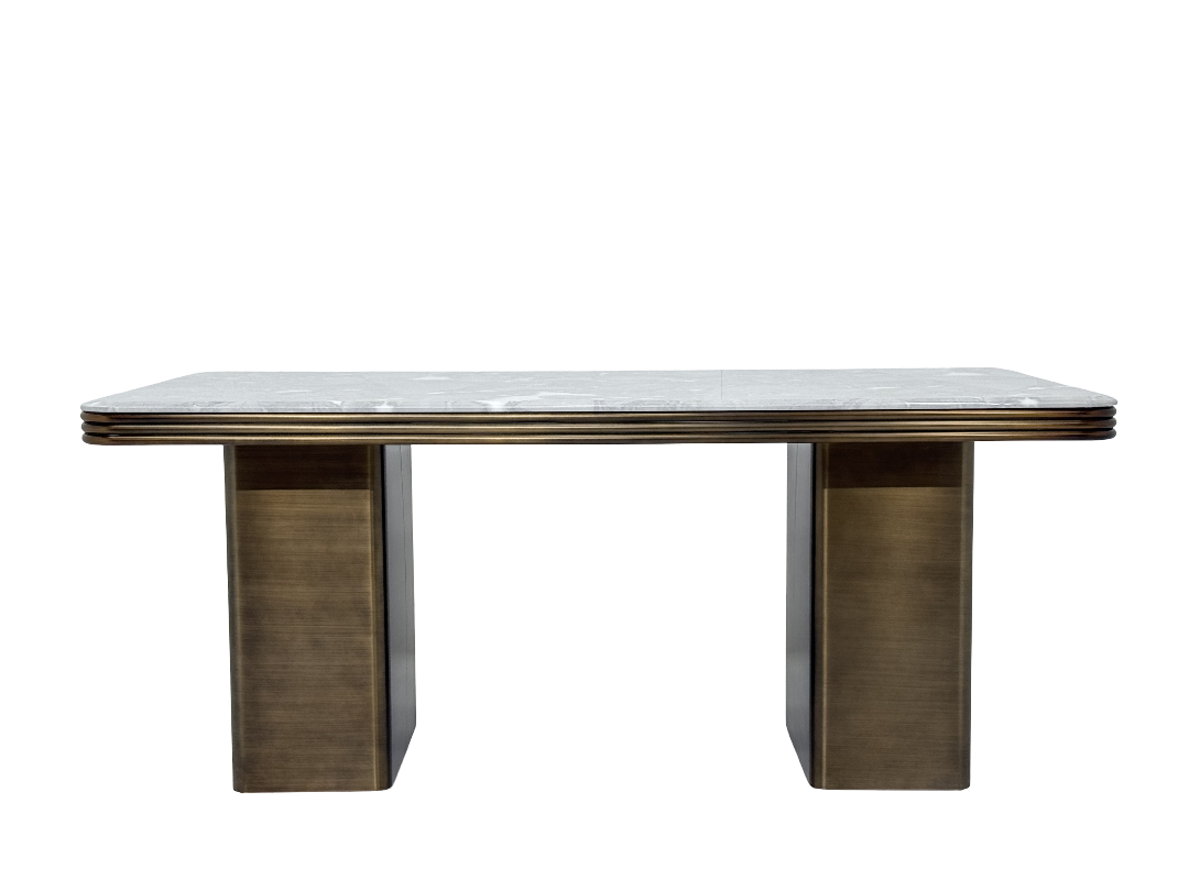 Brushed Brass Dining Table | Stain-Resistant L.GREY Marble Top | Luxury Dining