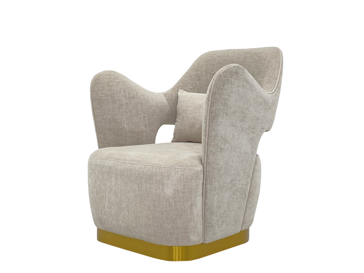 كرسي بذراعين - 780 عرض * 750 عمق * 850 ارتفاع مع فولاذ مقاوم للصدأ باللون الذهبي غير اللامع وقماش بيج