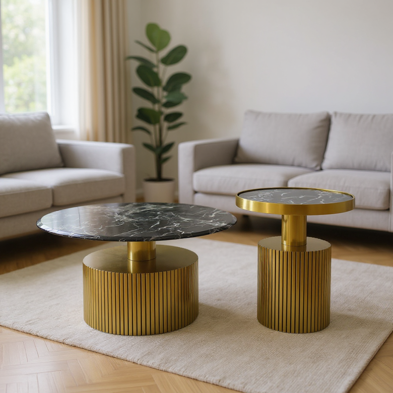 Coffee Tables set - Dia500 * 550H and Dia900 * 450H with Matte Gold Stainless Steel and Marble