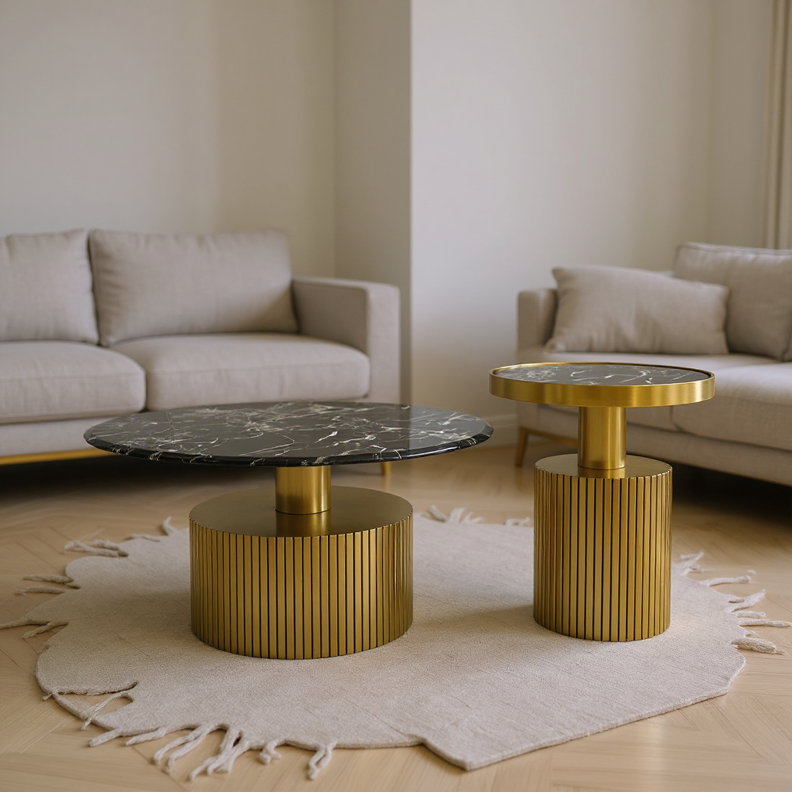 Coffee Tables set - Dia500 * 550H and Dia900 * 450H with Matte Gold Stainless Steel and Marble