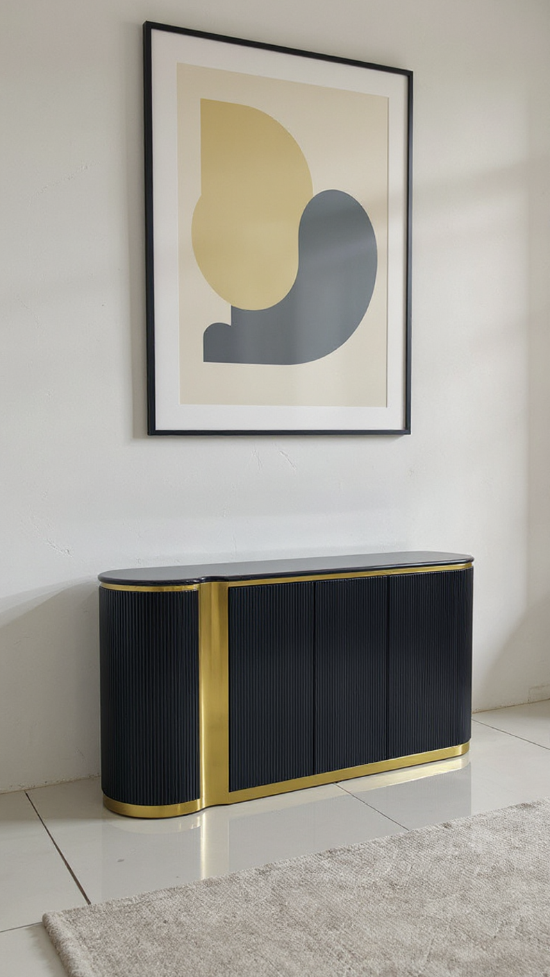 Black Buffet table with Matt Gold Stainless Steel & Marble Countertop, Luxury Style