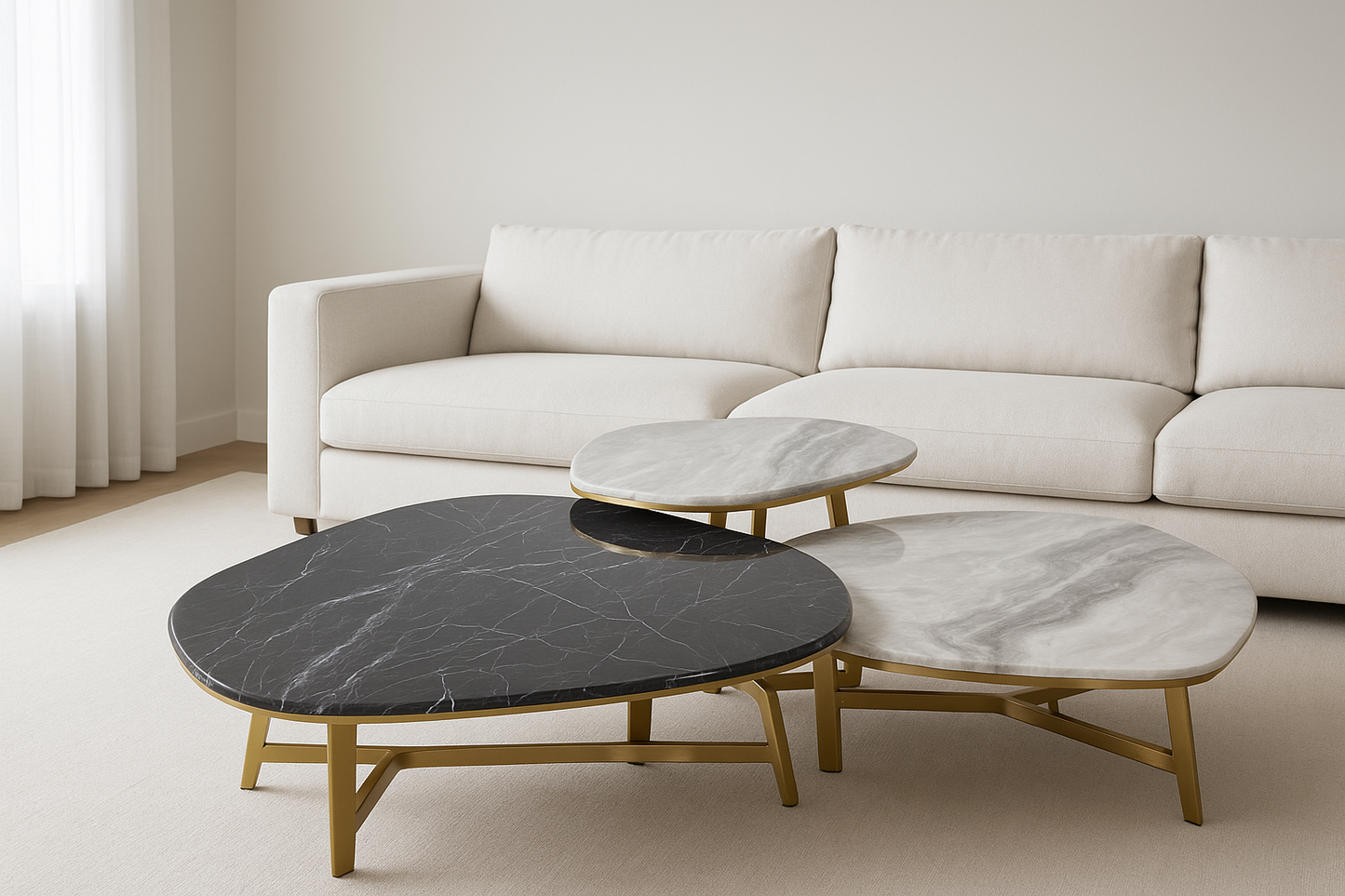 Three-Piece Coffee Table Set - Matte Gold Stainless Steel & Marble"