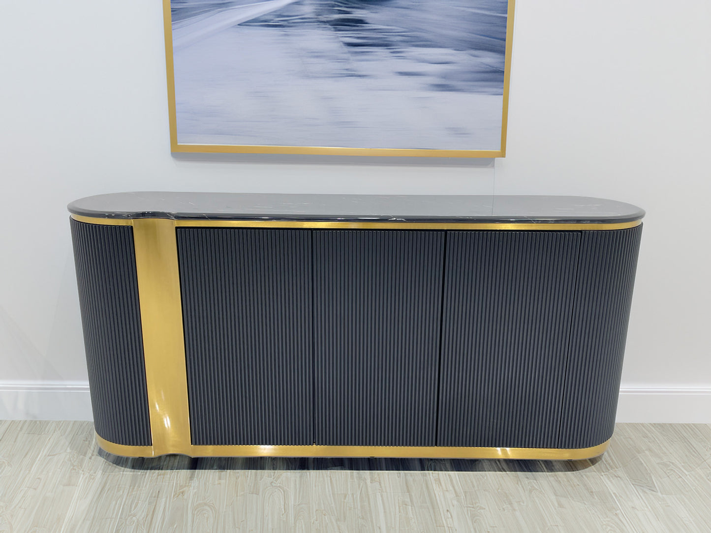 Black Buffet table with Matt Gold Stainless Steel & Marble Countertop, Luxury Style