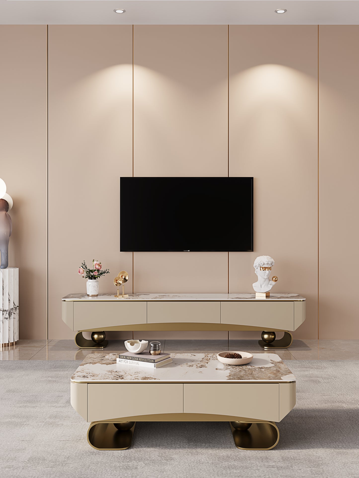 200cm，High-quality marble, solid wood frame, stainless steel gilded TV cabinet