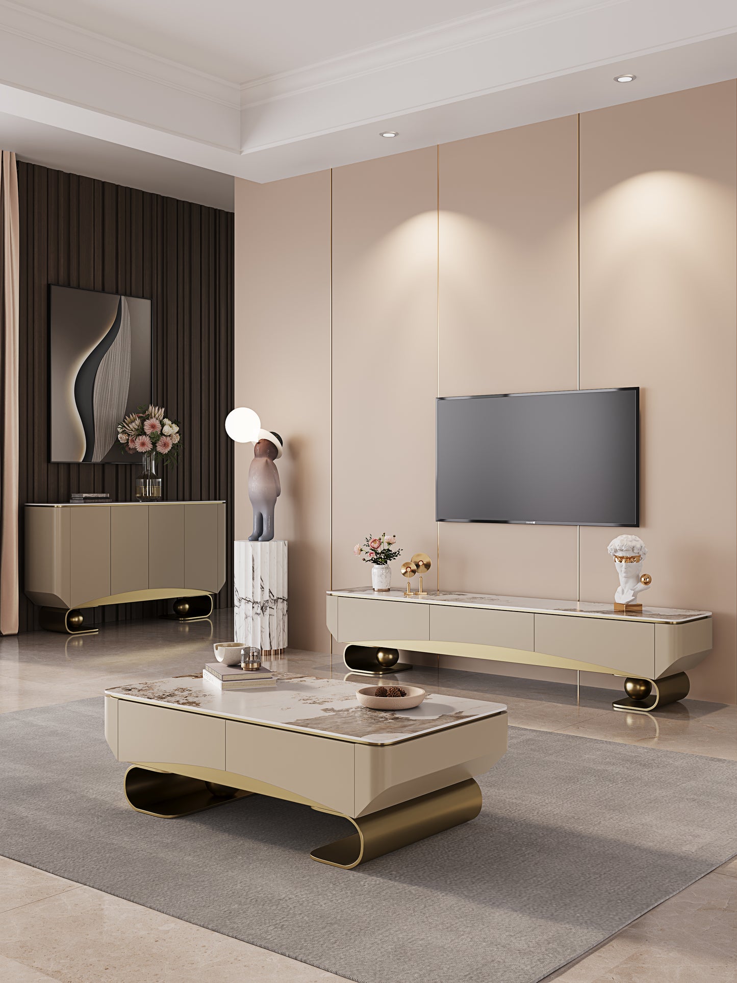 200cm，High-quality marble, solid wood frame, stainless steel gilded TV cabinet