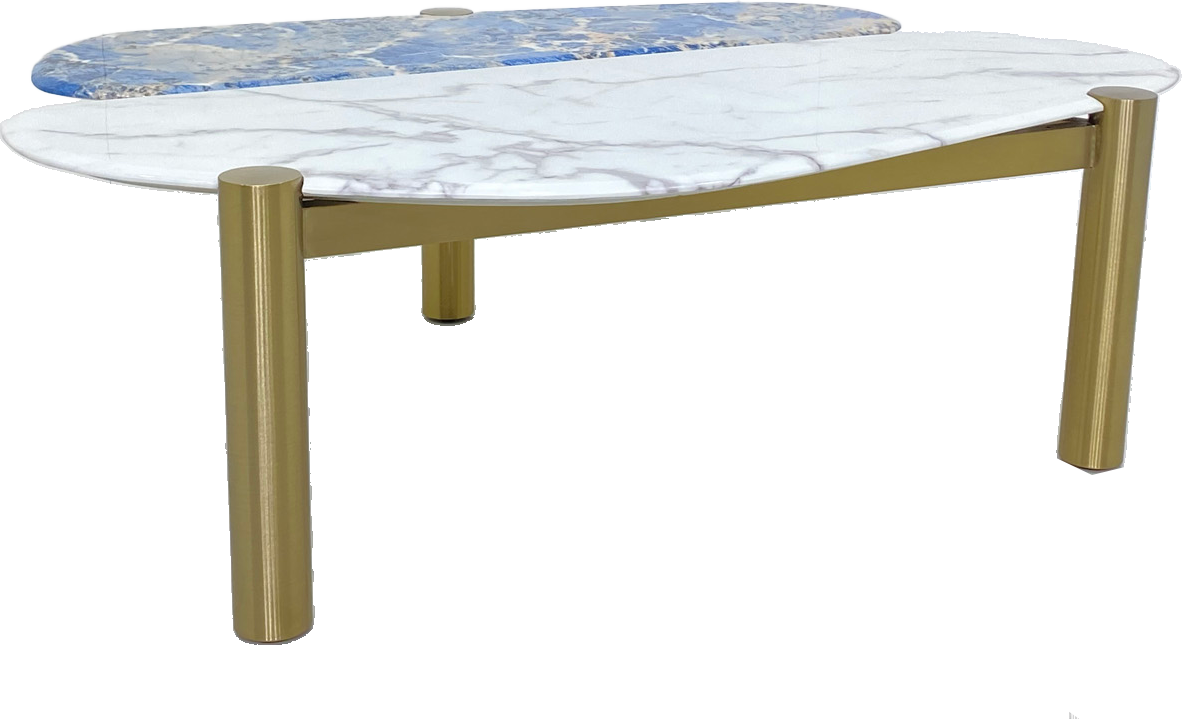 Unique Shaped Coffee Table with Two-Tone Marble Top and Stainless Steel Base.