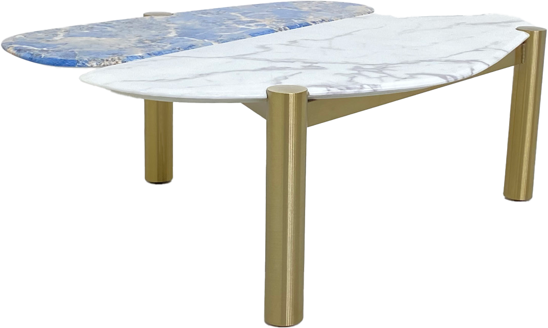 Unique Shaped Coffee Table with Two-Tone Marble Top and Stainless Steel Base.