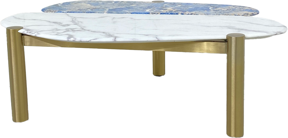 Unique Shaped Coffee Table with Two-Tone Marble Top and Stainless Steel Base.