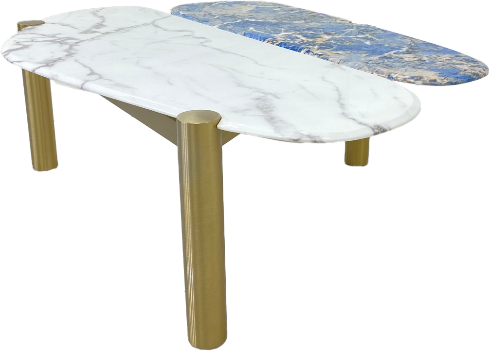 Unique Shaped Coffee Table with Two-Tone Marble Top and Stainless Steel Base.