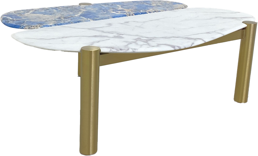 Unique Shaped Coffee Table with Two-Tone Marble Top and Stainless Steel Base.