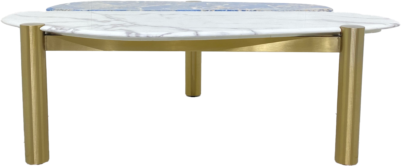 Unique Shaped Coffee Table with Two-Tone Marble Top and Stainless Steel Base.