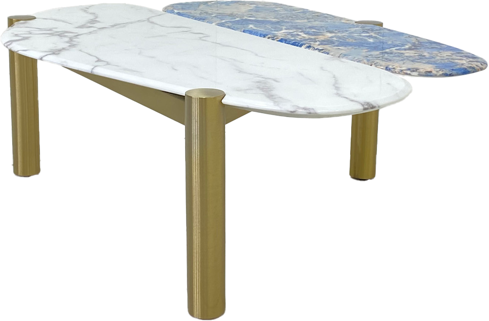 Unique Shaped Coffee Table with Two-Tone Marble Top and Stainless Steel Base.