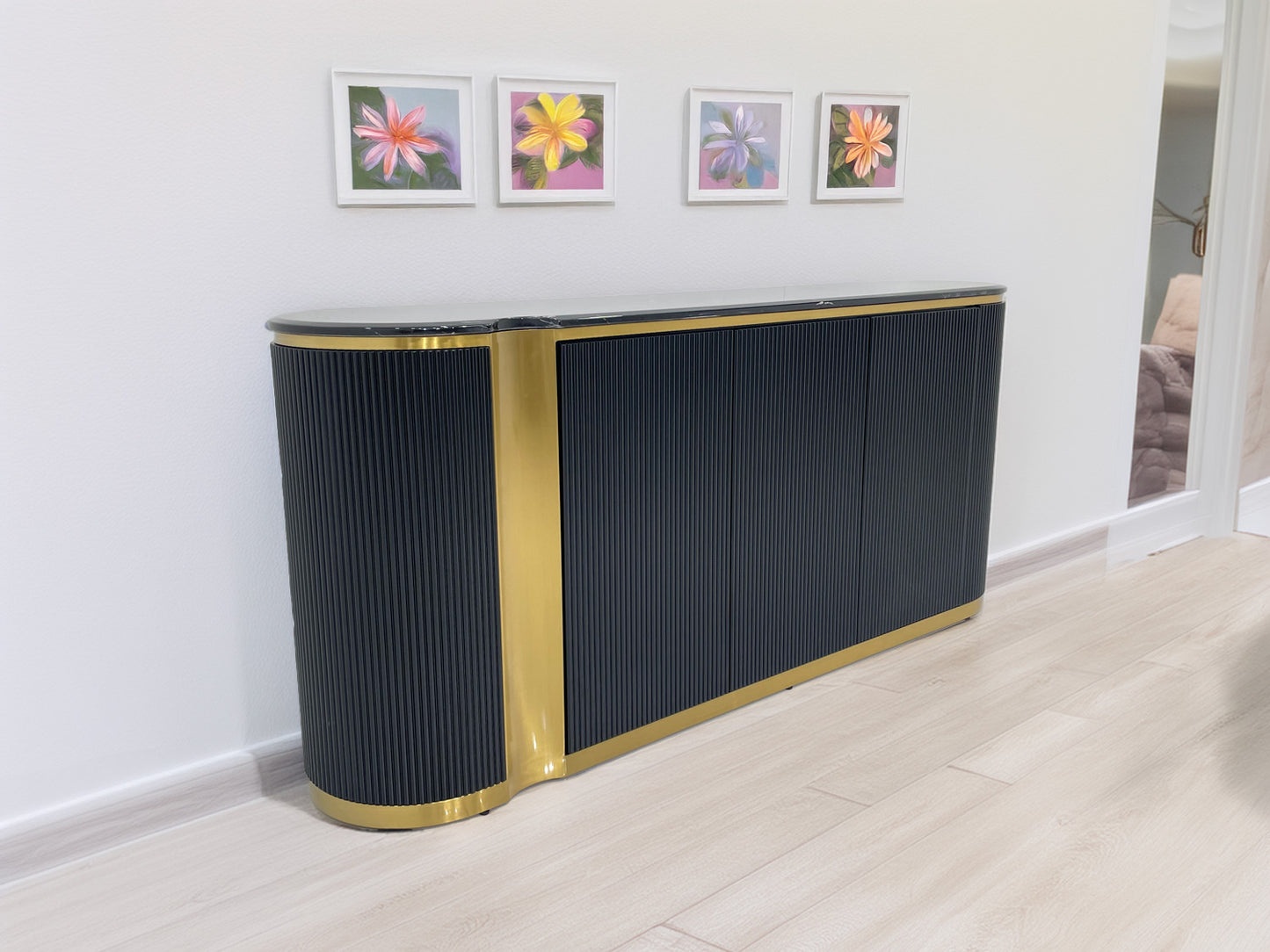 Black Buffet table with Matt Gold Stainless Steel & Marble Countertop, Luxury Style