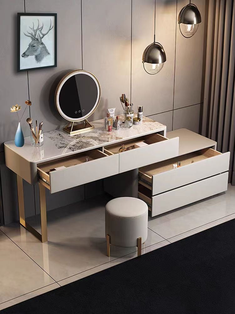 Complete Makeup Set: 100cm Vanity + 100cm Trolley + Stool + Mirror - Marble Top & Painted Cabinet