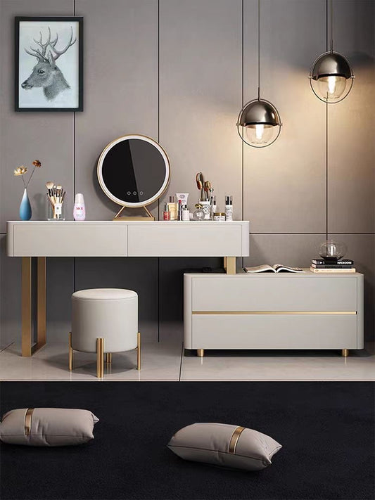 Complete Makeup Set: 100cm Vanity + 100cm Trolley + Stool + Mirror - Marble Top & Painted Cabinet