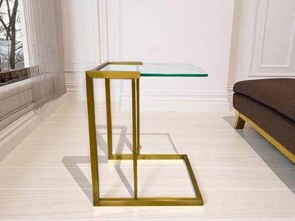 Minimalist Side Table with Glass Top and Stainless Steel Base - Fits Snugly Under Sofa.
