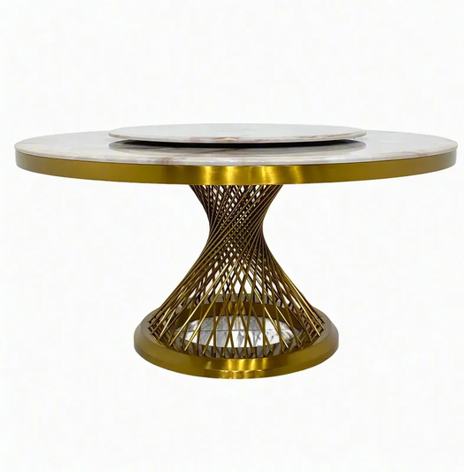 Luxurious 150cm Round Table - Marble, 90cm Turntable, Matte Gold Stainless Steel Base