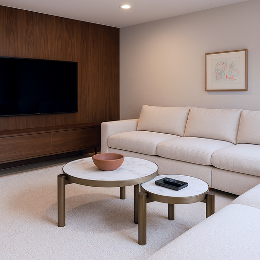 Coffee Tables - Dia600 * 350H and Dia900 * 400H with Matte Brass Stainless Steel and white Slate Marble
