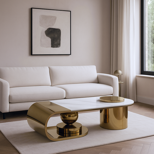 Gold Shining Coffee Table with White Sintered Stone | Heat-Resistant for  Terraces