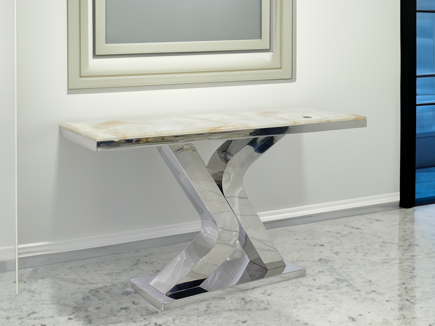 Console Table - 1400W * 400D * 800H with Shiny Silver Stainless Steel and Marble