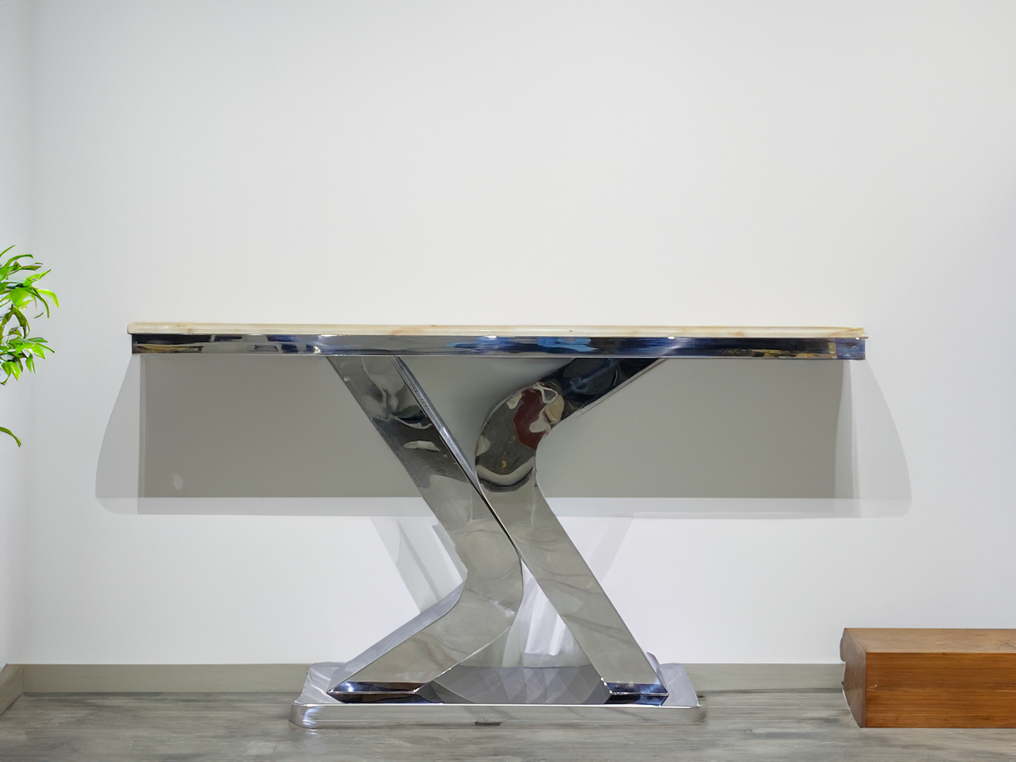 Console Table - 1400W * 400D * 800H with Shiny Silver Stainless Steel and Marble