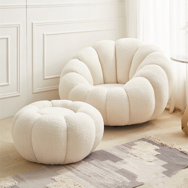 White Pumpkin-shaped Sofa Lounge Chair with Ottoman Set