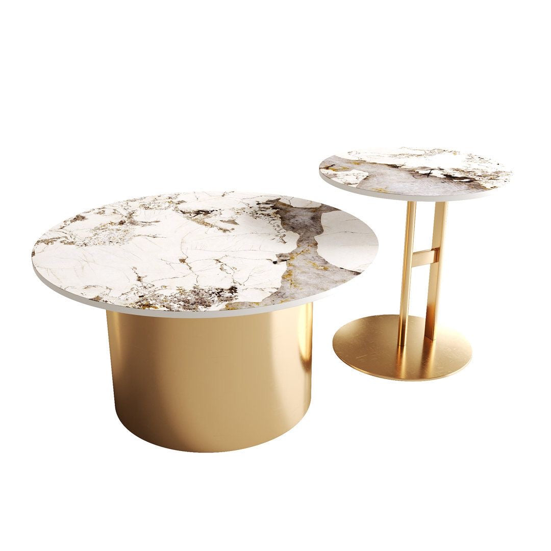 Champagne Gold & Pandora Marble Coffee Table Set - Large and Small Round Combination