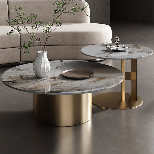 Champagne Gold & Pandora Marble Coffee Table Set - Large and Small Round Combination