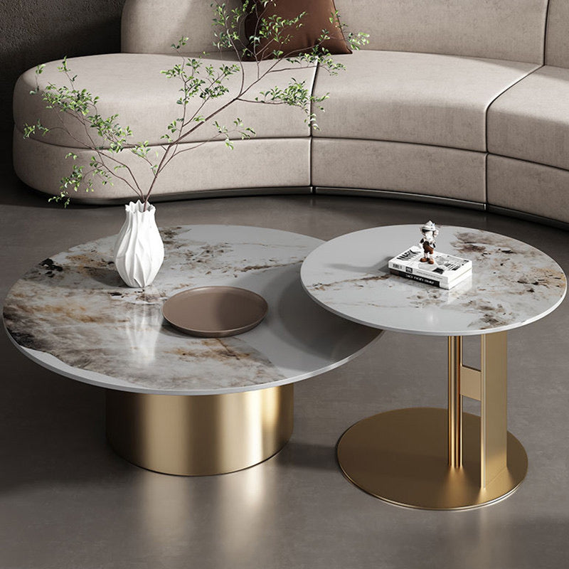 Champagne Gold & Pandora Marble Coffee Table Set - Large and Small Round Combination