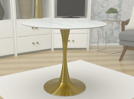 Stunning Dia900*750H Matte Golden Stainless Steel Paired with White Rock Slab Bar Table