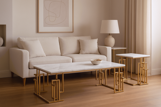 Gorgeous Rectangular Slate Marble & Gold Stainless Steel Coffee Table Set - One Large & Four Small.