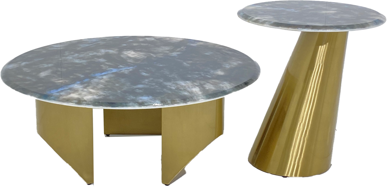 Round Coffee Table Set - Matt gold Color Stainless Steel Frame with Luxurious Marble Top