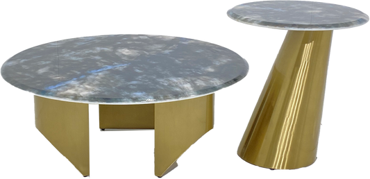 Round Coffee Table Set - Matt gold Color Stainless Steel Frame with Luxurious Marble Top