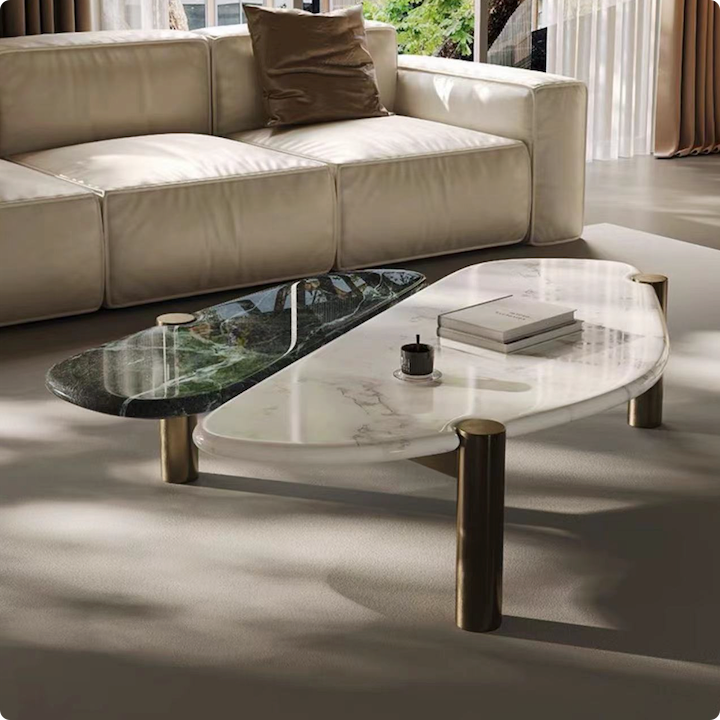 Unique Shaped Coffee Table with Two-Tone Marble Top and Stainless Steel Base.