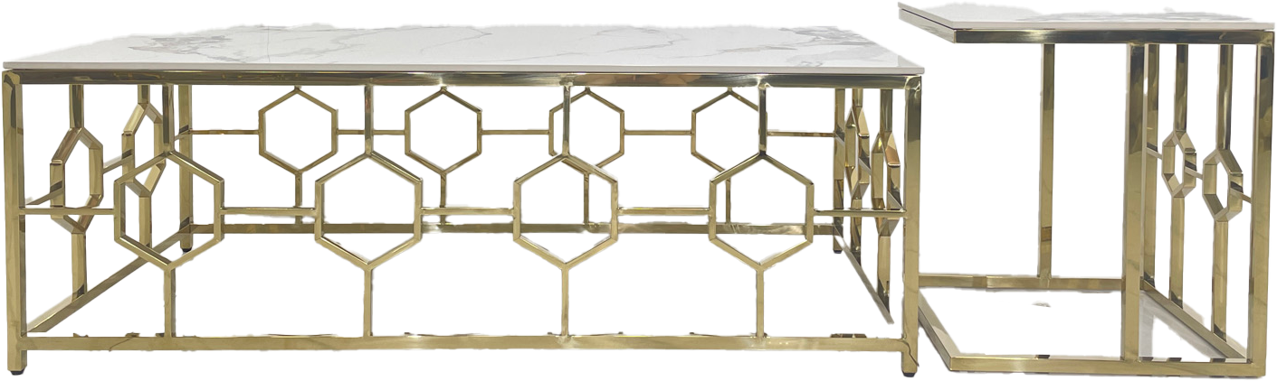 Gorgeous Rectangular Slate Marble & Gold Stainless Steel Coffee Table Set - One Large & Four Small.