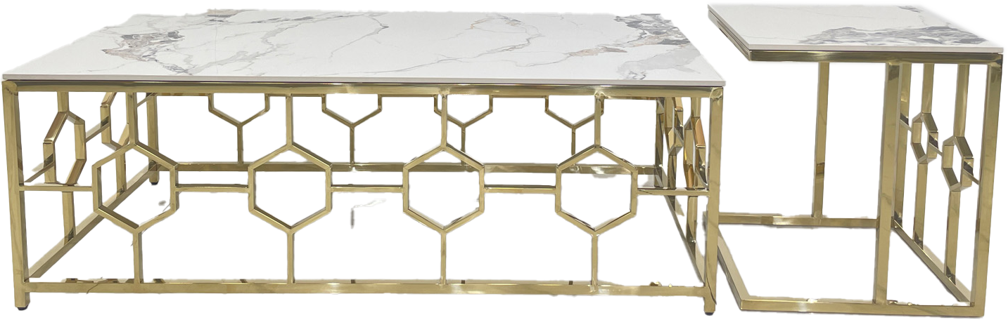 Gorgeous Rectangular Slate Marble & Gold Stainless Steel Coffee Table Set - One Large & Four Small.