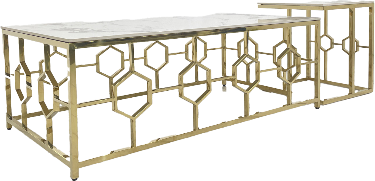 Gorgeous Rectangular Slate Marble & Gold Stainless Steel Coffee Table Set - One Large & Four Small.