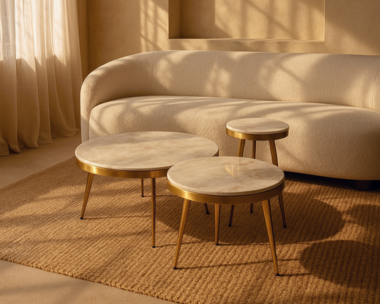 COFFEE TABLE Set - Dia900D350H, DiaD600D400H, Dia350D*450H in Stainless Gold Matt with 18mm Marble