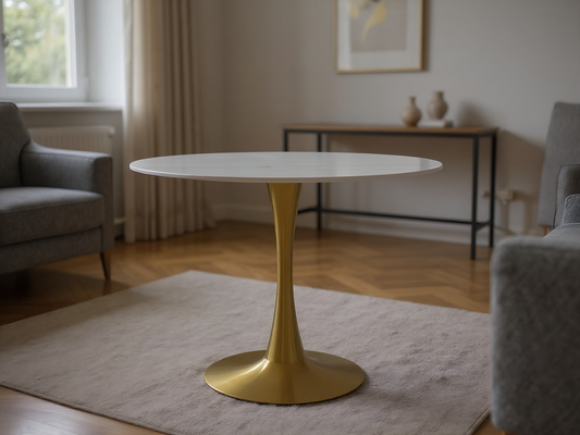 [Design Furniture] 90cm Slate Marble Round Table - Geometric Gold Leg Art Dining Table